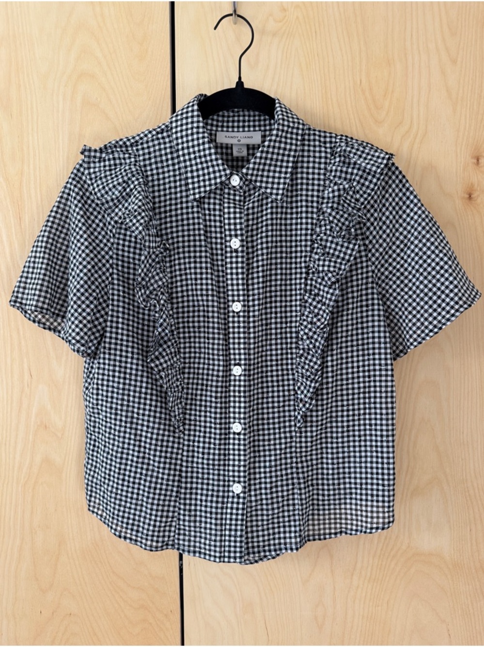 Sandy Liang Black & White Gingham Button-Up Blouse
